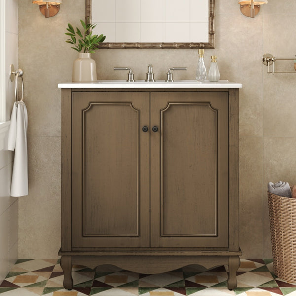 English Elm Christopher Knight Home® - 30" Vintage Bathroom Vanity with Rectangle Ceramic Sink, Rubber Wood Legs, Soft-Close Doors, Adjustable Shelves Antique brown N817P245316L
