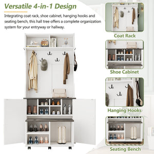 English Elm On-Trend Farmhouse 4-In-1 Hall Tree With Movable Bench, 7 Hooks, Shoe Storage & Barn Doors, White N721P205788K-GIGA