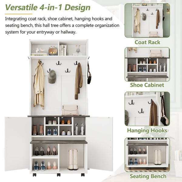 English Elm On-Trend Farmhouse 4-In-1 Hall Tree With Movable Bench, 7 Hooks, Shoe Storage & Barn Doors, White N721P205788K-GIGA