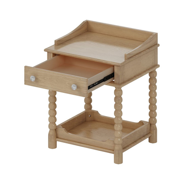 English Elm Retro Bedside Nightstand with Turned Rubberwood Legs Open Shelf and Drawer Storage Natural N733P206240M