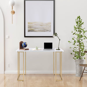 English Elm White Sleek Writing Desk with Chrome Sled Base, Integrated Four-Tier Bookcase for Organized Workspaces White+Gold B062P184566