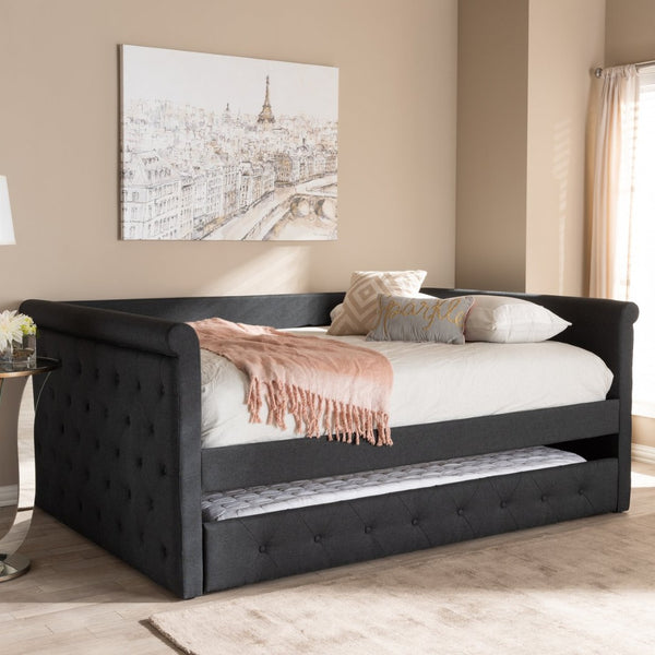 Baxton Studio Baxton Studio Alena Full Size Daybed with Trundle - Modern Dark Grey Upholstered Elegance for Any Space CF8825-Dark Grey-Daybed-F/T