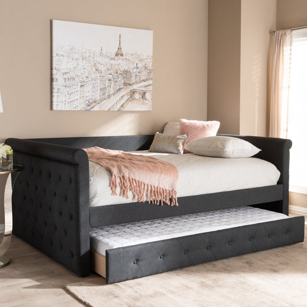 Baxton Studio Baxton Studio Alena Full Size Daybed with Trundle - Modern Dark Grey Upholstered Elegance for Any Space CF8825-Dark Grey-Daybed-F/T