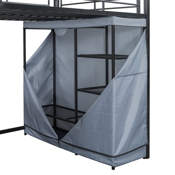 English Elm Full Loft Metal Bed with Built-In Desk, LED Strip, Power Outlet and Fabric Wardrobe for Space-Saving Living Black SF000179AAB