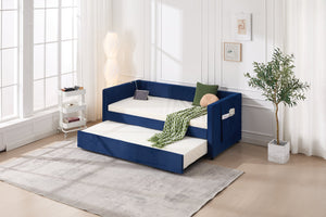 English Elm Twin Velvet Upholstered Daybed with Trundle, V-Pattern Backrest, USB Port, Side Pockets, Sturdy Design Navy W1361S00044