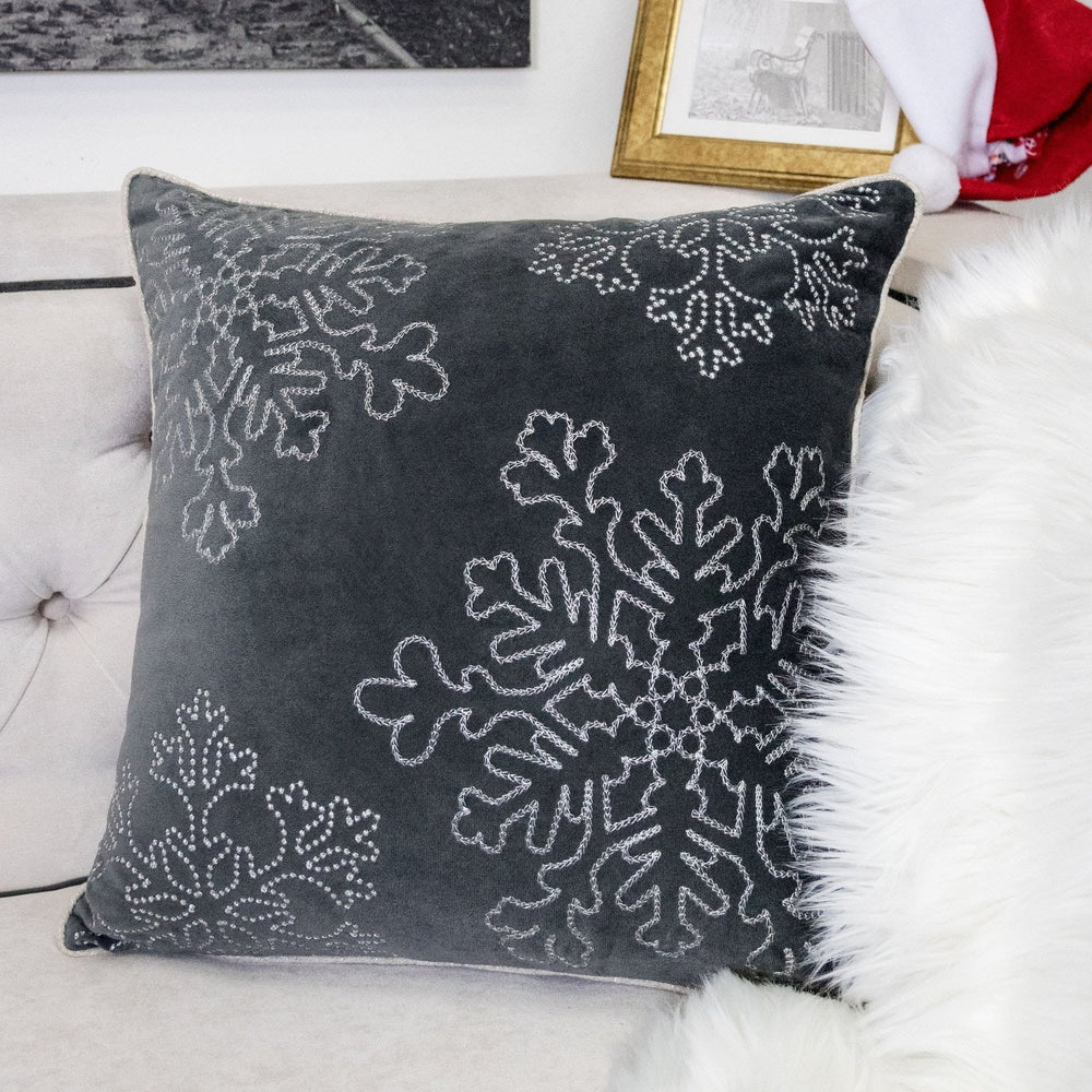 English Elm Gray Velvet Holiday Throw Pillow 20X20 With Elegant Silver Snowflake Design For Festive Comfort B357P361374