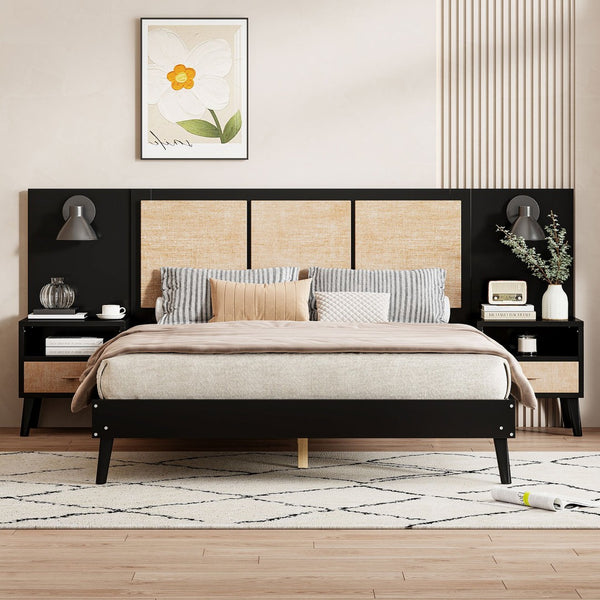 English Elm Queen Solid Wood Bed Frame With 2 Nightstands, Rattan Accents, Built-In Lamps For Cozy Bedrooms N820S00019AAB-GIGA