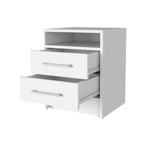 English Elm White 2-Drawer Nightstand with Open Shelf, Smooth-Glide Drawers, Durable Melamine Finish for Stylish Bedroom Storage B062P230639