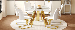 English Elm Table 7-Piece Dining Set: 42-Inch White Imitation Marble Round Table With 6 Gold-Leg Chairs W2920S00050-GIGA