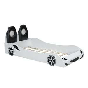 English Elm Wood Twin Race Car Platform Bed with LED Lighting, Upholstered Headrest, Sturdy Pine Build White GX002218AAK