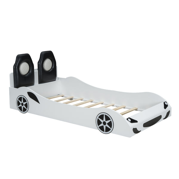 English Elm Wood Twin Race Car Platform Bed with LED Lighting, Upholstered Headrest, Sturdy Pine Build White GX002218AAK