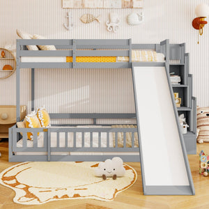 English Elm Twin Over Full Bunk Bed Solid Pine Frame with Built-in Slide and Storage Staircase Grey W504S00289