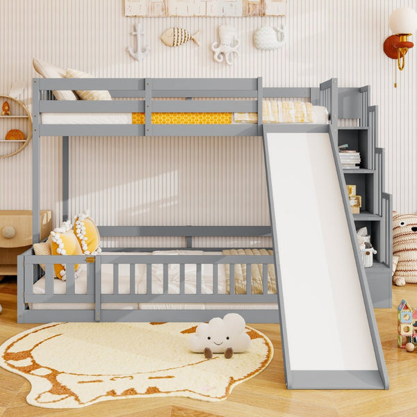 English Elm Twin Over Full Bunk Bed Solid Pine Frame with Built-in Slide and Storage Staircase Grey W504S00289