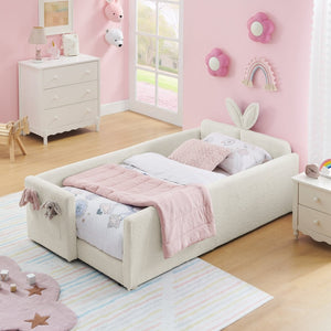English Elm Twin Boucle Upholstered Kids Bed Whimsical Rabbit Ear Headboard with Safety Rail Beige W1413P407485