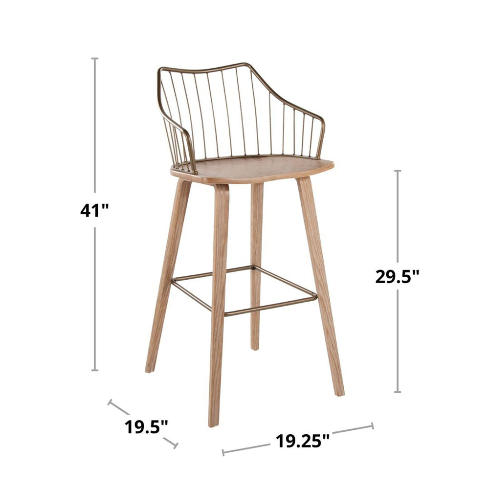 English Elm Fixed-height Farmhouse Barstool Whitewashed Spindle Back Antique Copper Frame Indoor B202P471174
