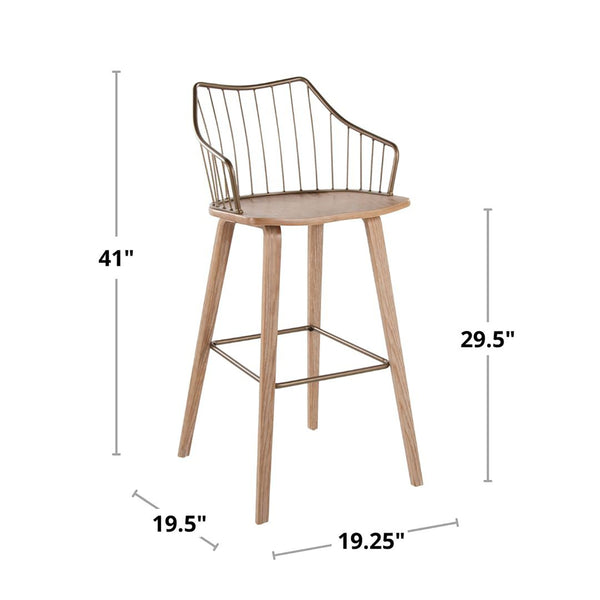 English Elm Fixed-height Farmhouse Barstool Whitewashed Spindle Back Antique Copper Frame Indoor B202P471174