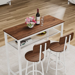 English Elm 3 Piece Bar Table Set with Storage Rack, Counter Height Wood Top & White Metal Frame, 2 Stools Ideal for Kitchen, Dining, Bar (39.4x15.7x36.2 in) W578P304321