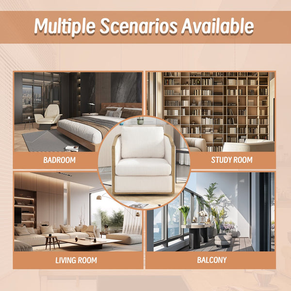 English Elm Corduroy Swivel Barrel Chair with Sturdy Wood Frame & Metal 360° Base, Plush Corduroy Comfort Pop Beige W395P220270