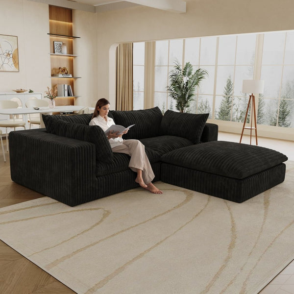 English Elm 39.8" Cloud Modular Sofa Plush Corduroy Deep Seat Feather Fill Living Room Couch Black W2824S00188
