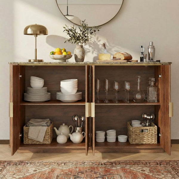 English Elm 60'' Fluted Oak Credenza with Faux Marble Top and Gold Trim Four Door Buffet Walnut W5216P454713
