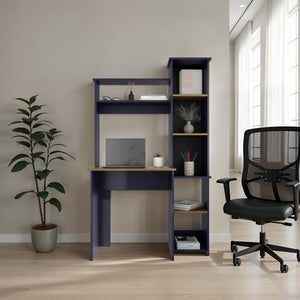 English Elm Computer Desk Kronos Blue & Natural Oak with Hutch and Side Bookshelf, 64" Modern Home Office Storage, Scratch-Resistant Shelves B128P387092