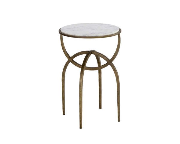 Sunpan Alicent End Table - Stunning Round Marble Top with Antique Brass Iron Base, Handcrafted Elegance White Marble