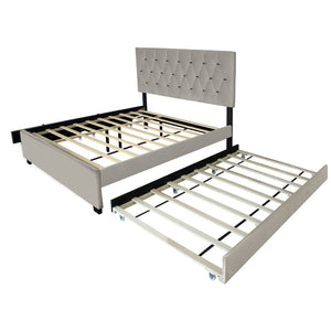 English Elm Gray Velvet Queen Platform Bed with Gold Tufted Headboard Trundle and Storage Drawers W1867S00023