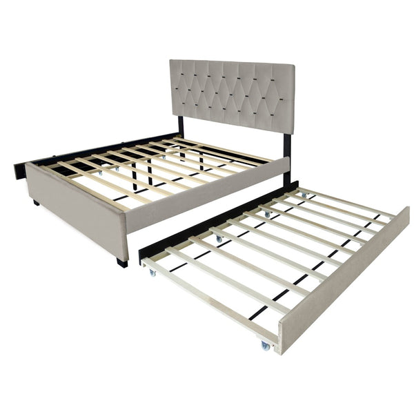 English Elm Gray Velvet Queen Platform Bed with Gold Tufted Headboard Trundle and Storage Drawers W1867S00023
