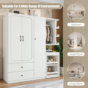 English Elm Multifunctional Wardrobe Cabinet with Fold Out Desk Hanging Rod and Storage Drawers Light White W1580S00475