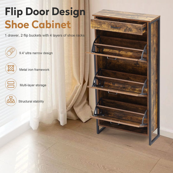English Elm Shoe Cabinet Slim 3-Flip Drawers with Top Drawer and Metal Handles, Rustic Brown Entryway Organizer W2948P245242