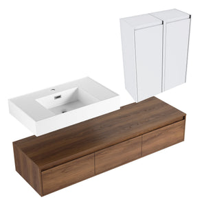 English Elm 60-Inch Wall-Mounted Vanity With Molded Resin Sink, 2 Side Cabinets & 3 Soft-Close Drawers For Storage W999S00285