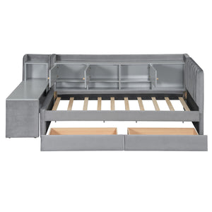 English Elm Twin Upholstered Daybed with Velvet Finish, High Back Shelves, Flip Cabinets, Drawers & Side Table Gray SF000196AAE