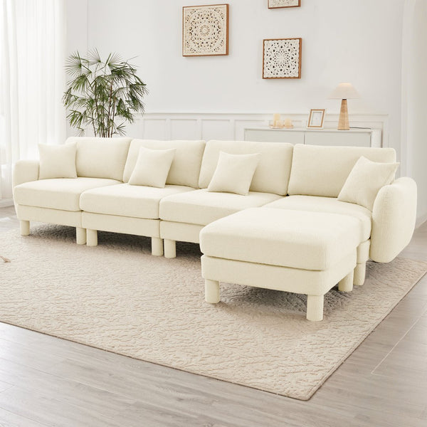 English Elm Boucle Fabric Convertible L-Shape Sectional Sofa - Stylish 4-Seater With Removable Ottoman & Chic Arms W3041S00280