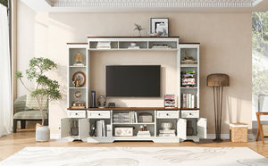 English Elm U-can Farmhouse Wall Unit with Barn Doors Built-in Power Outlets and Open Shelving White+Walnut SJ000154AAK