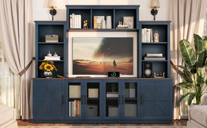 English Elm Wall Unit Entertainment Center with Built in Charging Mdf Media Console Open Shelving Blue W1580S00437
