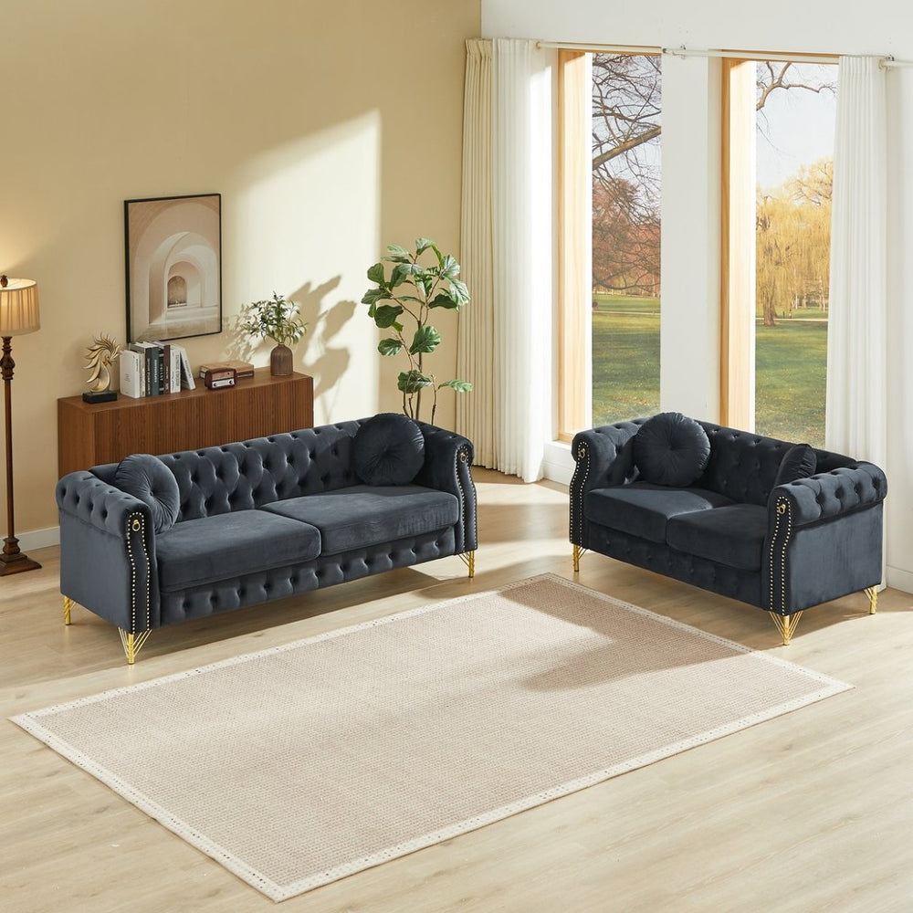 English Elm Velvet Chesterfield Tufted Sofa with Copper Stud Trim and Gold Legs for Glam Living Black W834S00628