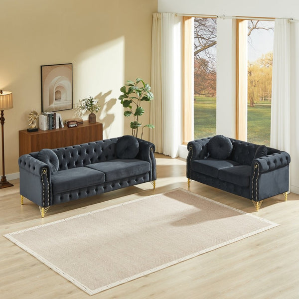 English Elm Velvet Chesterfield Tufted Sofa with Copper Stud Trim and Gold Legs for Glam Living Black W834S00628