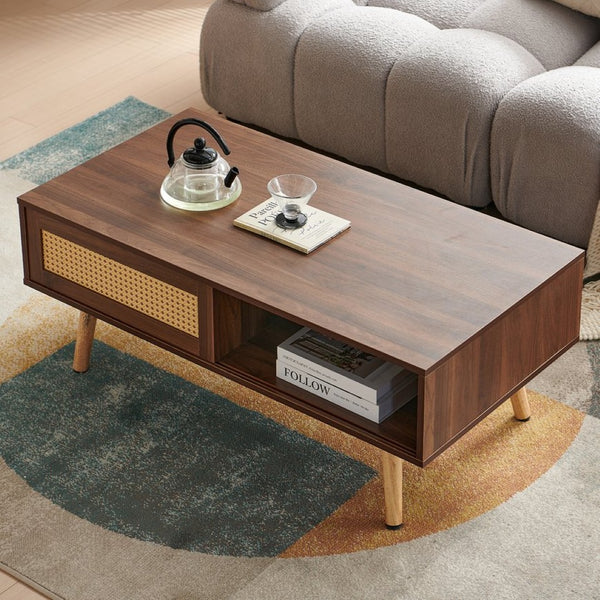 English Elm Pe Rattan Coffee Table With Sliding Storage Door, Solid Wood Legs, Modern Walnut Finish For Living Room W1265P236868-GIGA