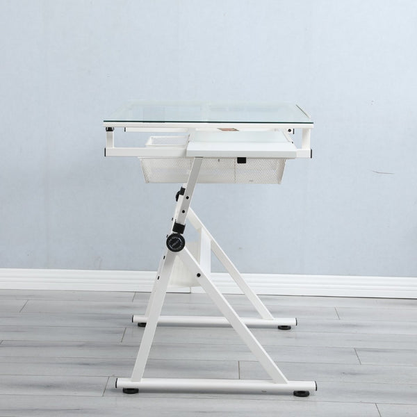 English Elm White Tempered Glass Drafting Table with Chair Steel Frame Tilting Artist Desk W347119824