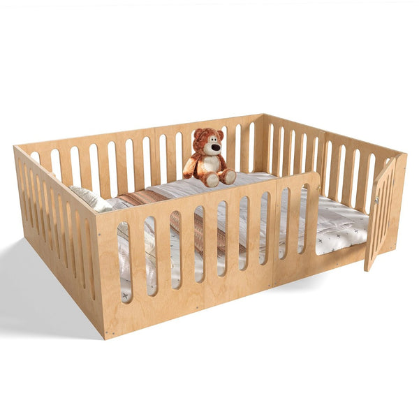English Elm Queen Solid Pine Montessori Floor Bed for Kids with House Frame and Built-in Door Natural W5305P420640