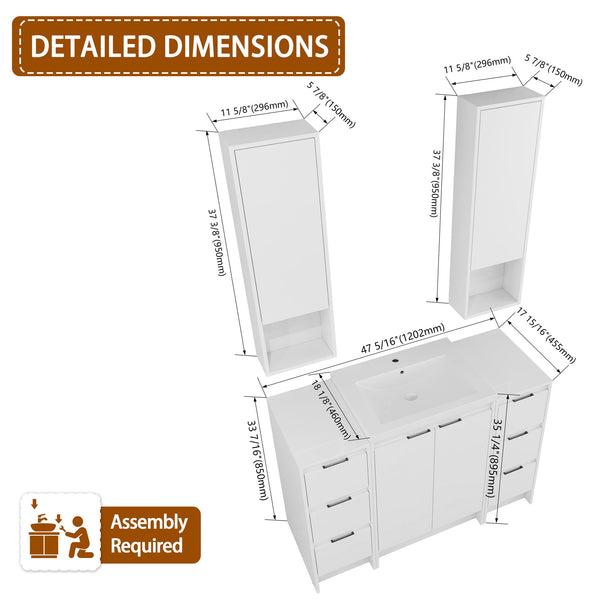 English Elm 48" Freestanding Bathroom Vanity With Resin Sink & Ample Storage, Soft-Close Doors, Glossy White Finish W999S00426