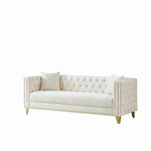 English Elm 80"Chesterfield Velvet Sofa with Tufted Buttons & Nailhead Trim, Deep-Seated 3-Seater, Solid Wood Frame Beige W3373S00026