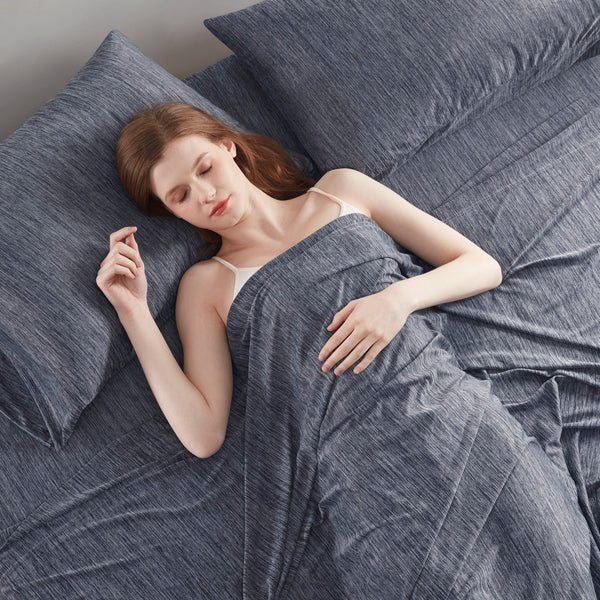 JLA Home Urban Habitat - Nylon breathable jersey sheet set — silky heathered knit, wrinkle‑resistant, cool-to-touch comfort for warm sleepers Navy UH20-2454