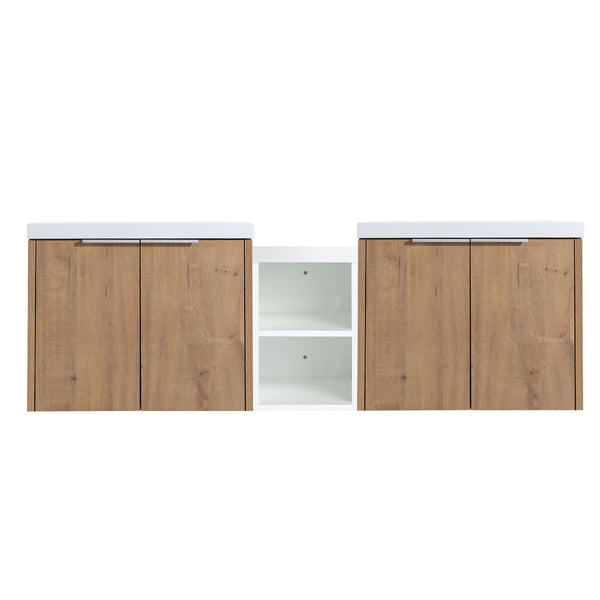 English Elm 60 Inch Wall Mounted Vanity with Dual Resin Sinks, Soft Close Doors, Metal Handles & Shelves Durable Finish Imitative Oak W999S00186