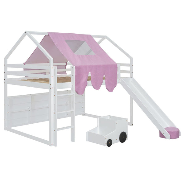 English Elm Full Size Kids House Loft Bed Pinewood Frame with Tent Slide and Play Storage White LT000683AAK