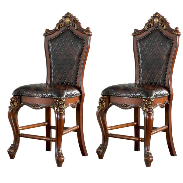 English Elm Chocolate Counter Height Chairs Set of 2 - Honey Oak Queen Anne Legs, Faux Leather, Nailhead Trim, Footrest Comfortable Elegance B062P182751