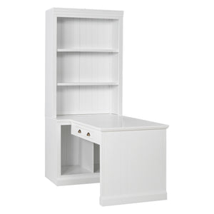 English Elm 83.4"Tall Bookshelf with Writing Desk White – Modern Solid Wood Workstation with LED, Drawer & Adjustable Shelf N751S280597K