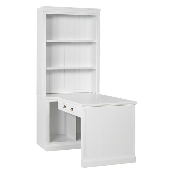 English Elm 83.4"Tall Bookshelf with Writing Desk White – Modern Solid Wood Workstation with LED, Drawer & Adjustable Shelf N751S280597K