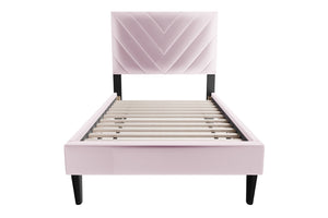 English Elm 1pc Twin Platform Bed Velvet Upholstered Adjustable Headboard V-stitch Blush Bedroom Light Pink B011P415213