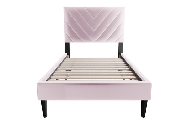 English Elm 1pc Twin Platform Bed Velvet Upholstered Adjustable Headboard V-stitch Blush Bedroom Light Pink B011P415213